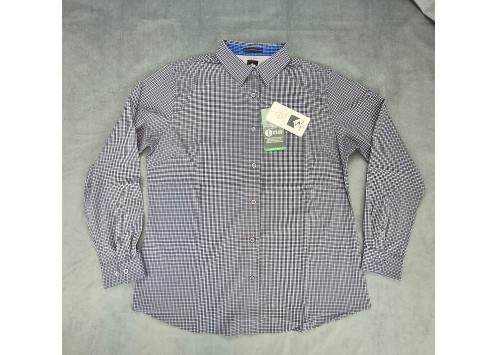 Storm Creek Influencer 4 way Stretch Prepy Blue Microplaid Woven Shirt Womens L